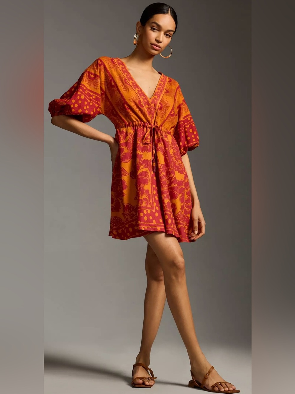 Farm Rio by Anthropologie Orange Red Floral V-
Neck Tunic Dress Size Small